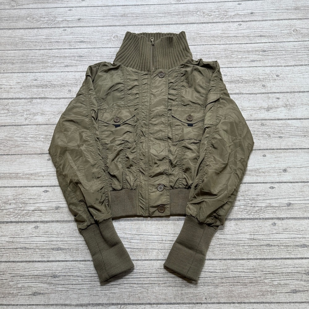Guess Jacket Women's XS Olive Green Mockneck Ruched Ribbed Trim Utility Cropped